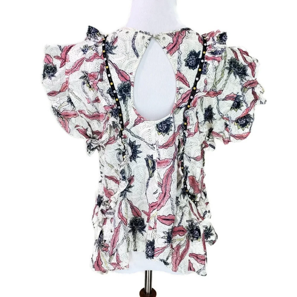 ISABEL MARANT 40 Unice Floral Print Ruffled Top Pink White Black Blouse Ecru - Picture 8 of 16